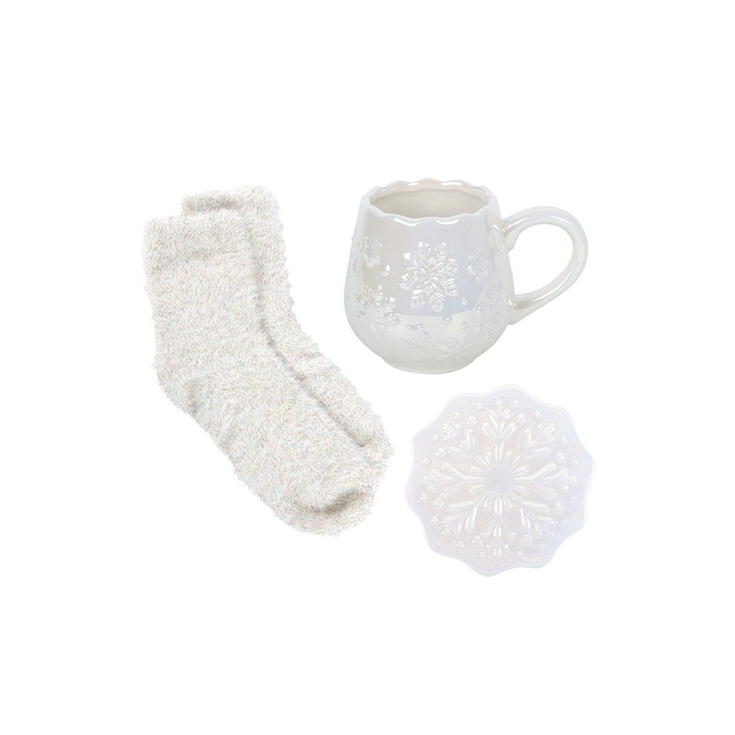 White Snowflake Christmas Mug Gift Set | Ceramic Mug with Fluffy Socks & Coaster