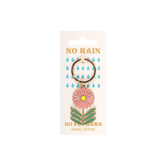 No Rain No Flowers Enamel Keyring – Motivational Floral Keychain Gift