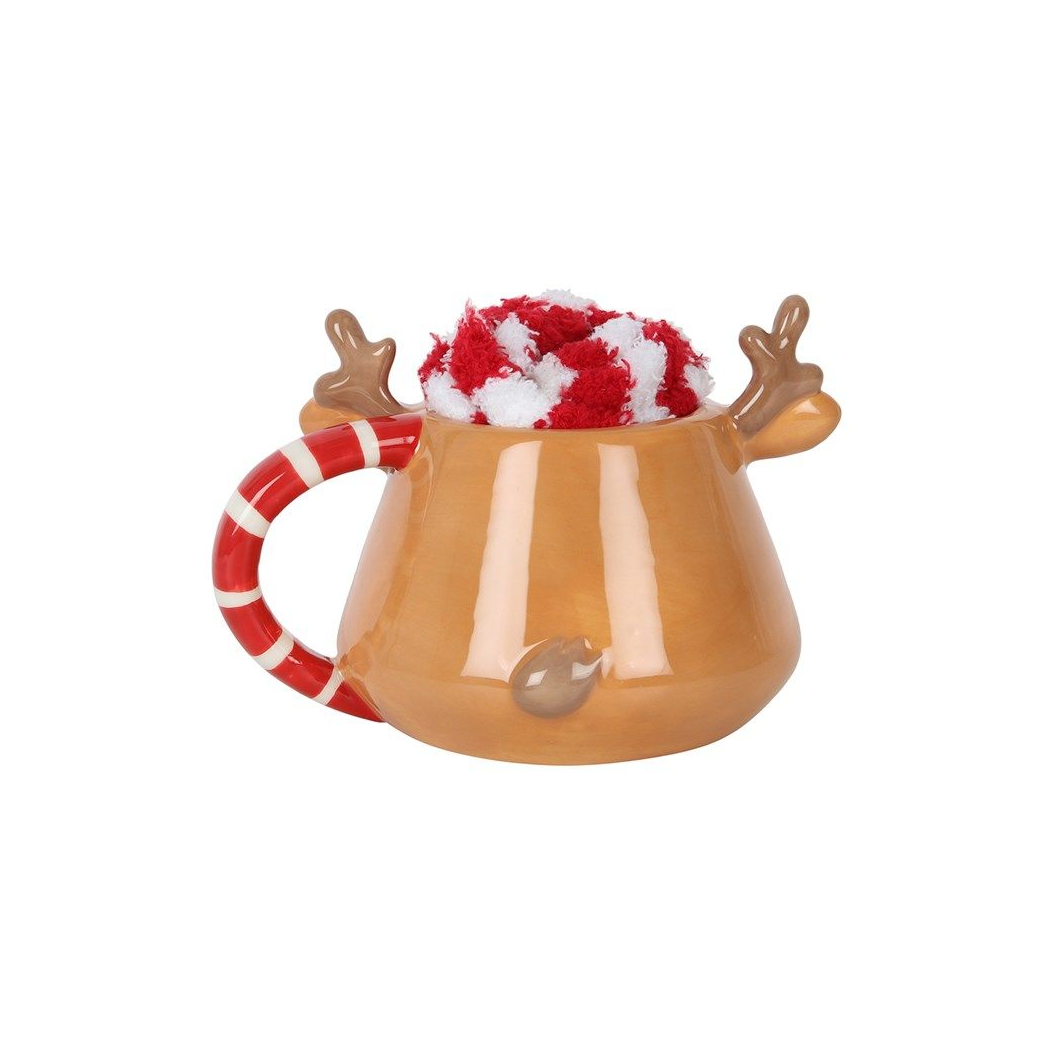 Reindeer Mug Gift Set | Ceramic Christmas Mug with Fluffy Socks | Festive Hot Chocolate Mug