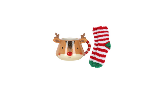 Reindeer Mug Gift Set | Ceramic Christmas Mug with Fluffy Socks | Festive Hot Chocolate Mug