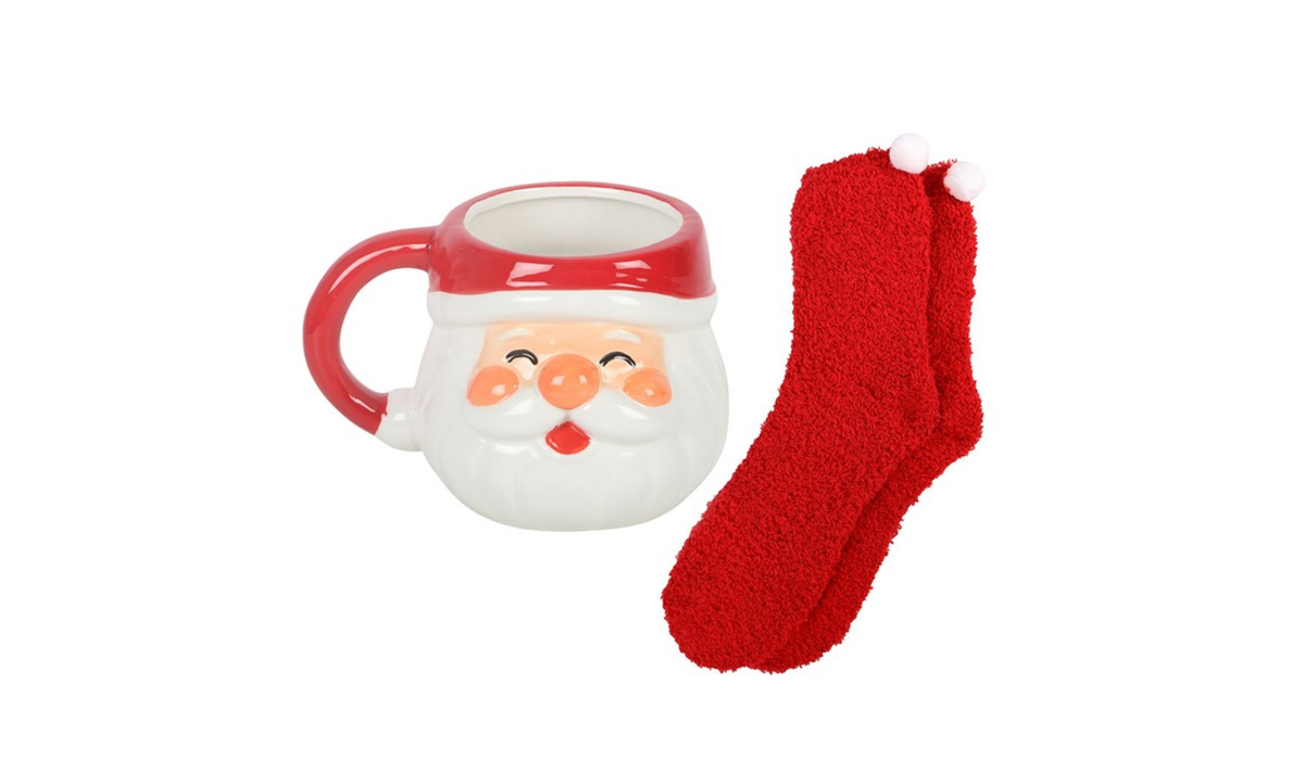 Santa Mug Gift Set | Ceramic Christmas Mug with Fluffy Socks | Festive Hot Chocolate Mug