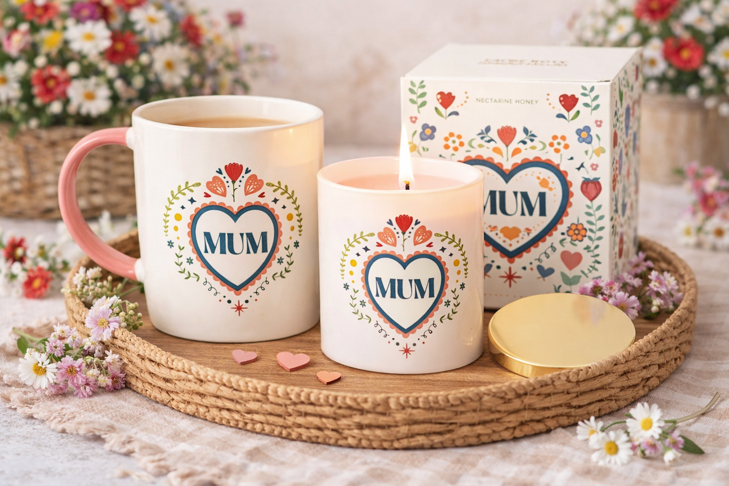 Folk Mum Gift Bundle – Floral Mug & Nectarine Honey Candle Set
