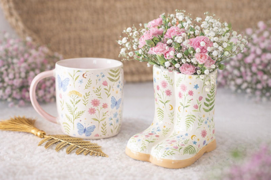 Luna Bloom Garden Morning Set – Floral Mug & Welly Boot Planter
