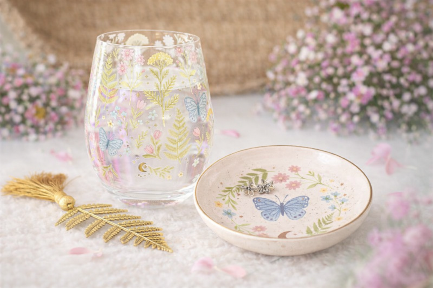 Luna Bloom Night Garden Set – Floral Glass & Butterfly Trinket Dish