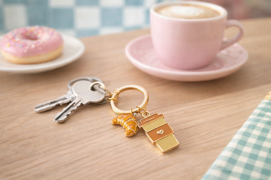 Coffee & Croissant Keyring – Cute Café Enamel Keychain