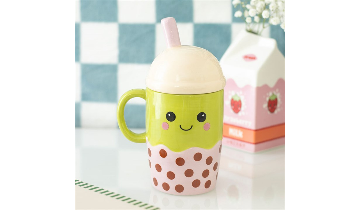 Cute Bubble Tea Mug with Lid – Kawaii Boba Cup with Handle