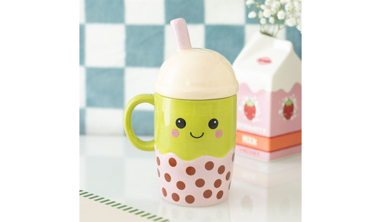 Cute Bubble Tea Mug with Lid – Kawaii Boba Cup with Handle