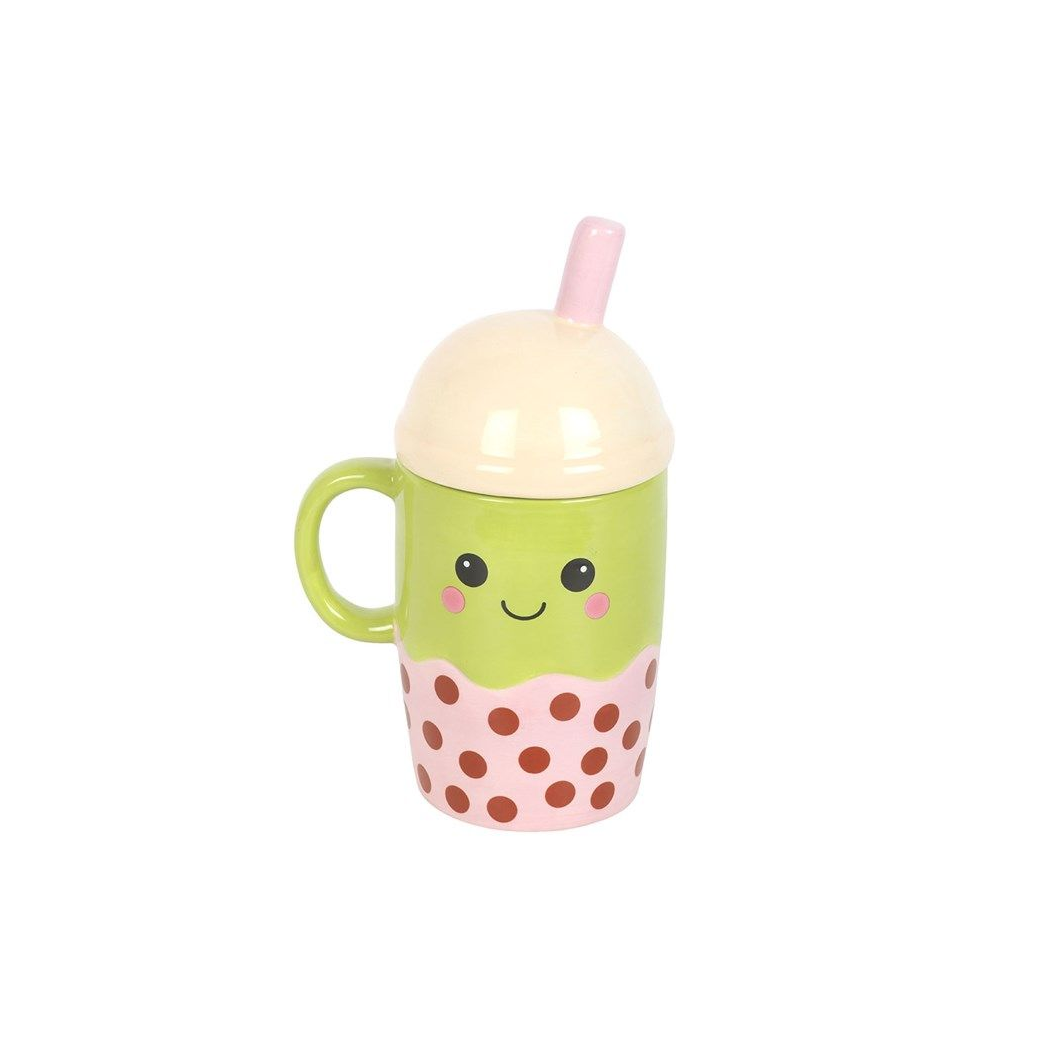 Cute Bubble Tea Mug with Lid – Kawaii Boba Cup with Handle