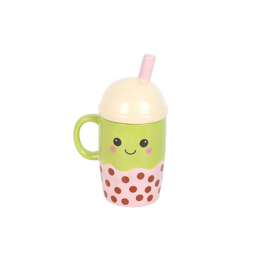 Cute Bubble Tea Mug with Lid – Kawaii Boba Cup with Handle