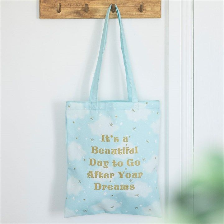 “It’s a Beautiful Day to Go After Your Dreams” Tote Bag – Inspirational Cloud Tote