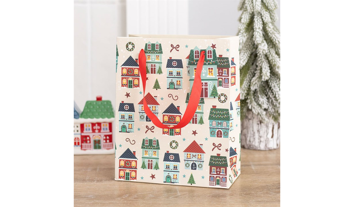 Festive Village Christmas Gift Bag | Large Christmas Present Bag | Reusable Holiday Gift Bag