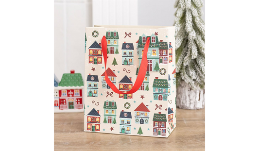 Festive Village Christmas Gift Bag | Large Christmas Present Bag | Reusable Holiday Gift Bag