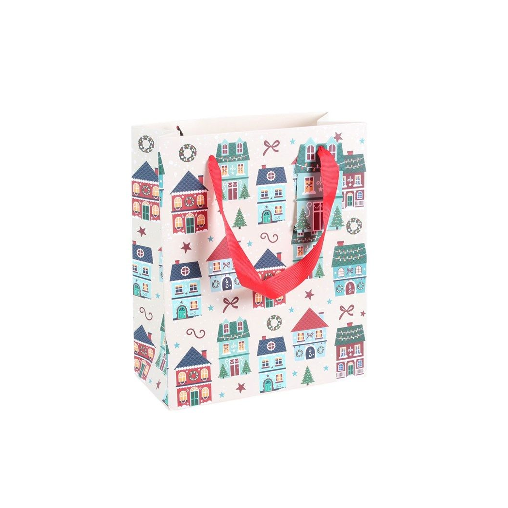 Festive Village Christmas Gift Bag | Large Christmas Present Bag | Reusable Holiday Gift Bag