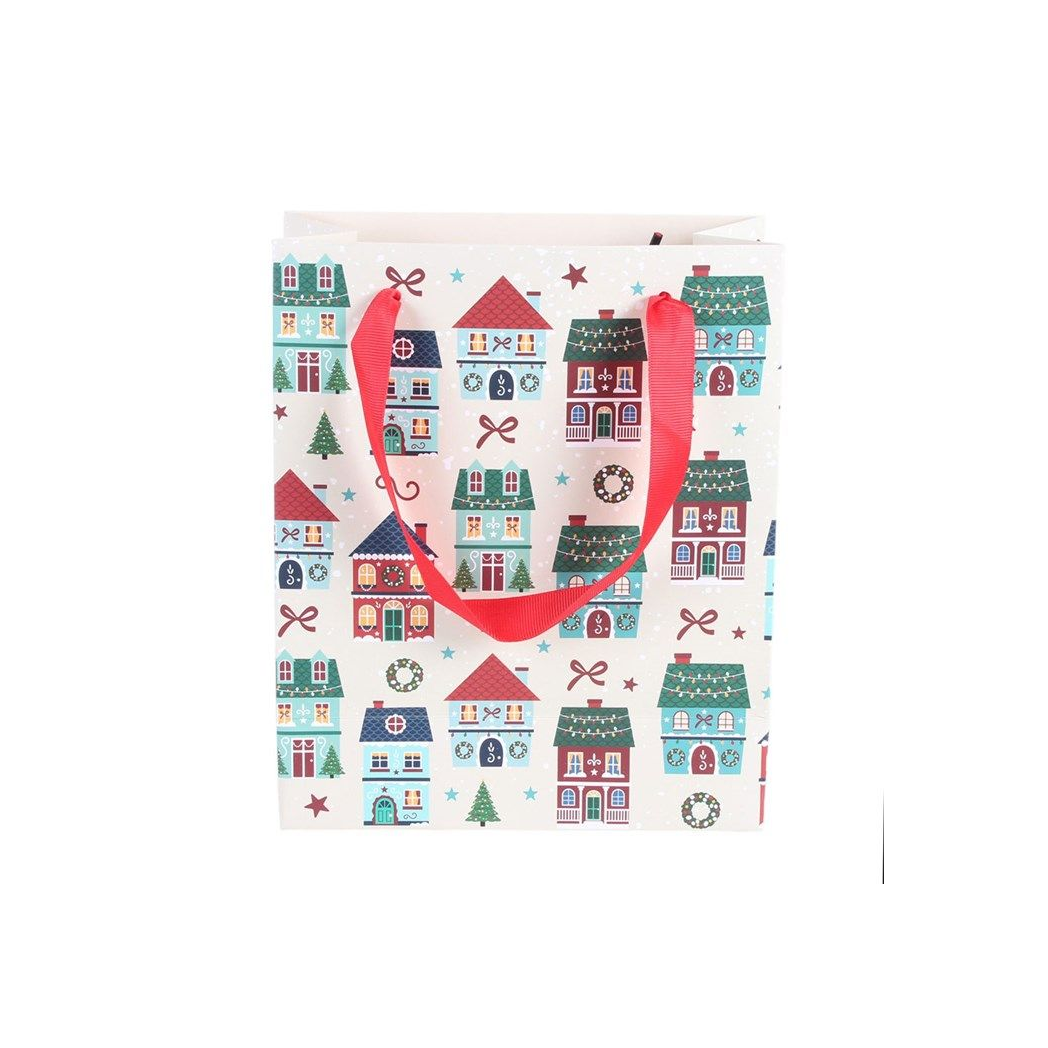 Festive Village Christmas Gift Bag | Large Christmas Present Bag | Reusable Holiday Gift Bag