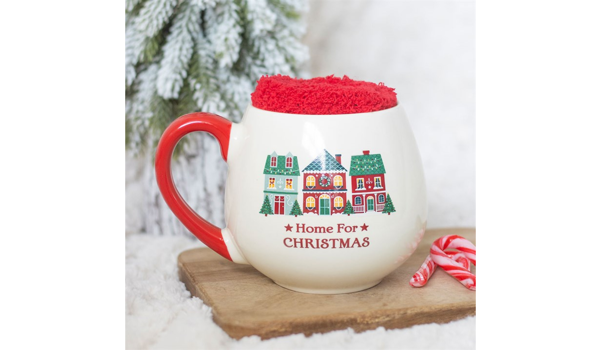 Home for Christmas Mug Gift Set | Ceramic Christmas Mug with Fluffy Socks | Festive Hot Chocolate Mug