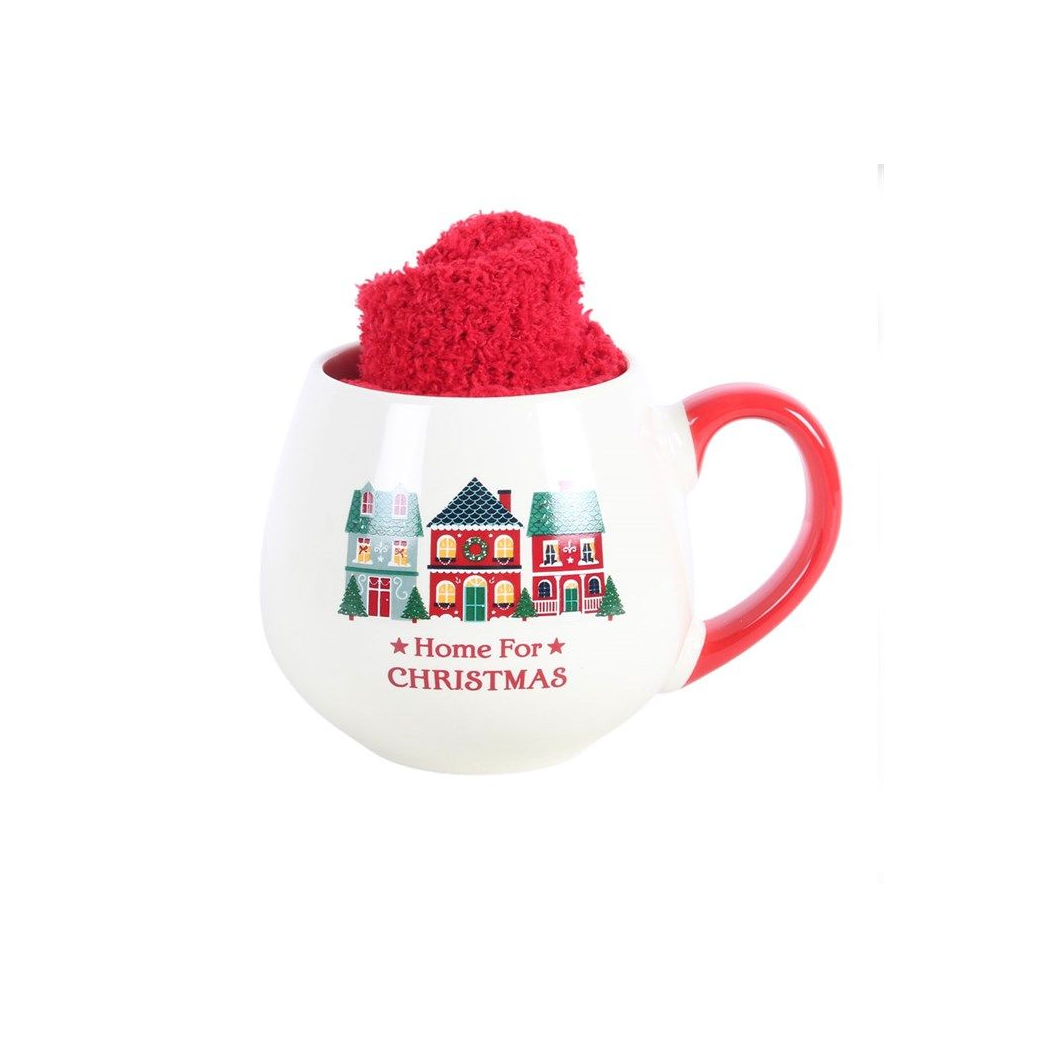 Home for Christmas Mug Gift Set | Ceramic Christmas Mug with Fluffy Socks | Festive Hot Chocolate Mug