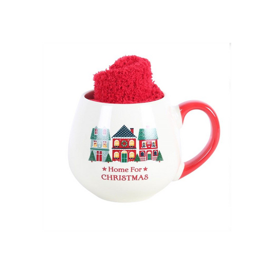 Home for Christmas Mug Gift Set | Ceramic Christmas Mug with Fluffy Socks | Festive Hot Chocolate Mug