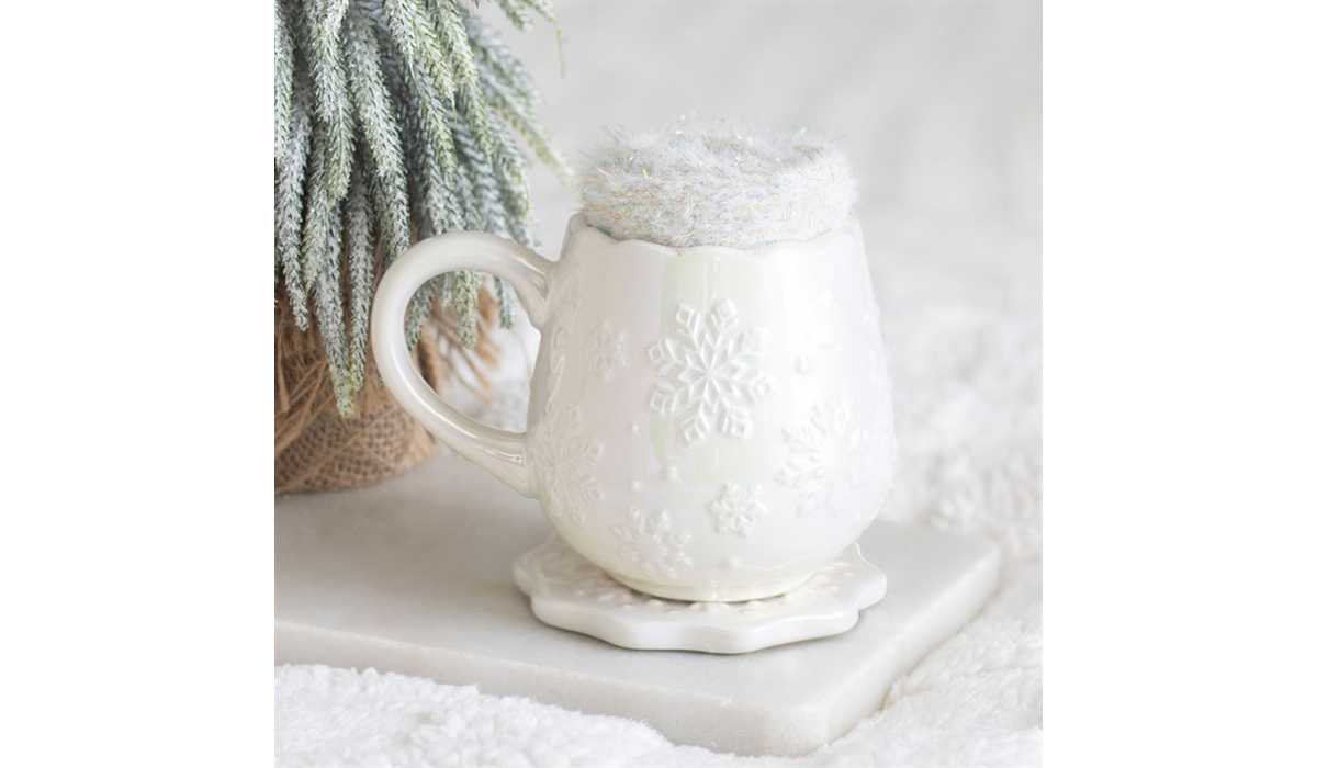 White Snowflake Christmas Mug Gift Set | Ceramic Mug with Fluffy Socks & Coaster
