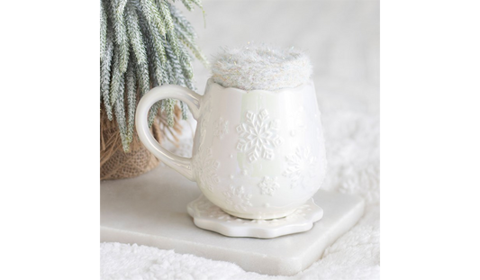 White Snowflake Christmas Mug Gift Set | Ceramic Mug with Fluffy Socks & Coaster