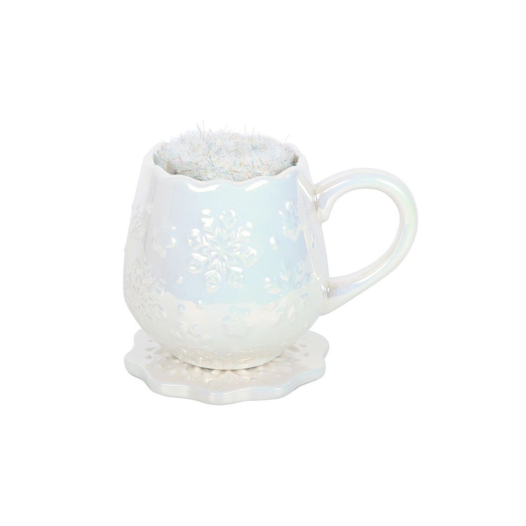 White Snowflake Christmas Mug Gift Set | Ceramic Mug with Fluffy Socks & Coaster