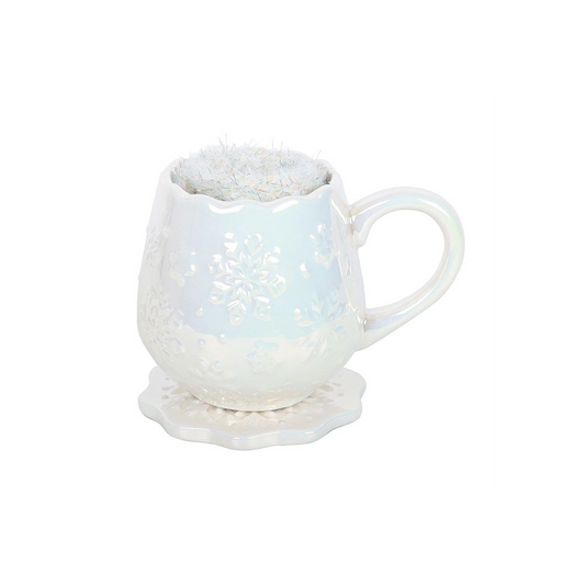 White Snowflake Christmas Mug Gift Set | Ceramic Mug with Fluffy Socks & Coaster