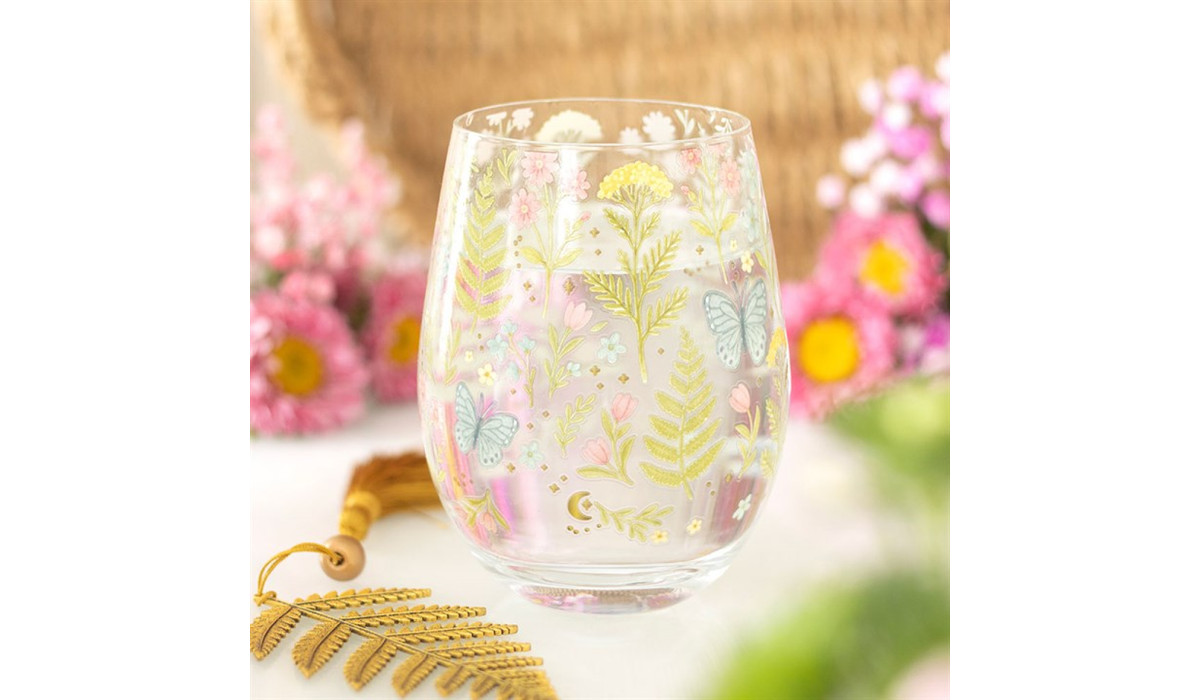 Luna Bloom Floral Stemless Glass – Butterfly Meadow Tumbler