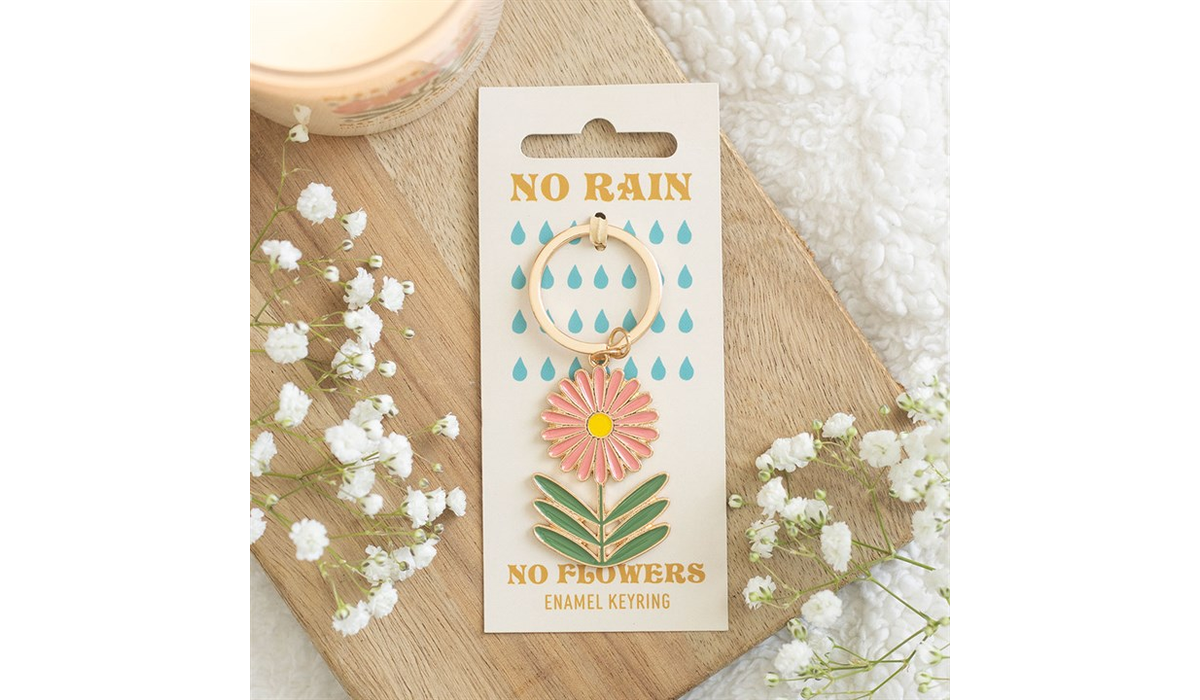 No Rain No Flowers Enamel Keyring – Motivational Floral Keychain Gift