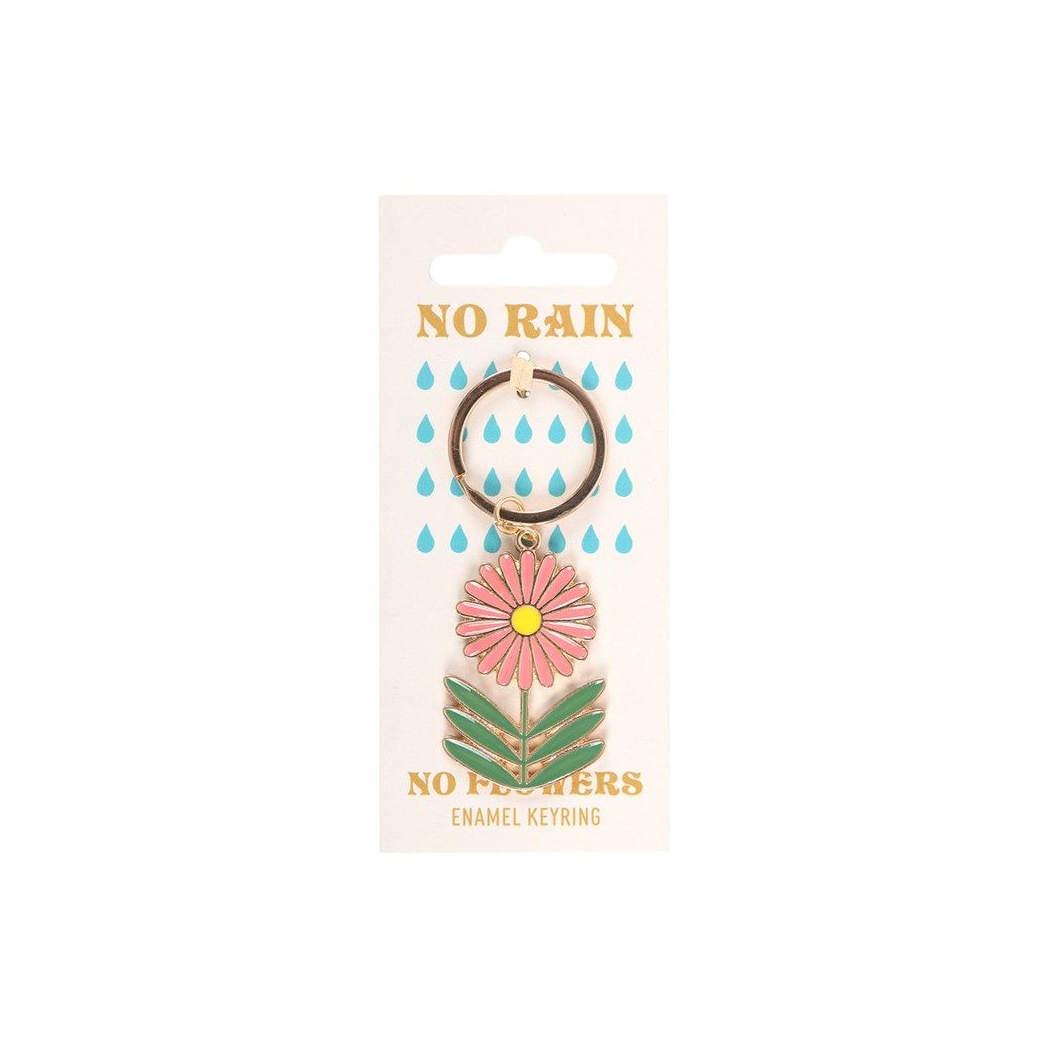 No Rain No Flowers Enamel Keyring – Motivational Floral Keychain Gift
