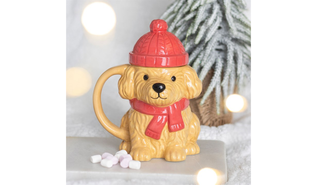 Festive Puppy Christmas Mug | Ceramic Dog Mug with Lid | Christmas Hot Chocolate Mug