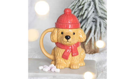 Festive Puppy Christmas Mug | Ceramic Dog Mug with Lid | Christmas Hot Chocolate Mug