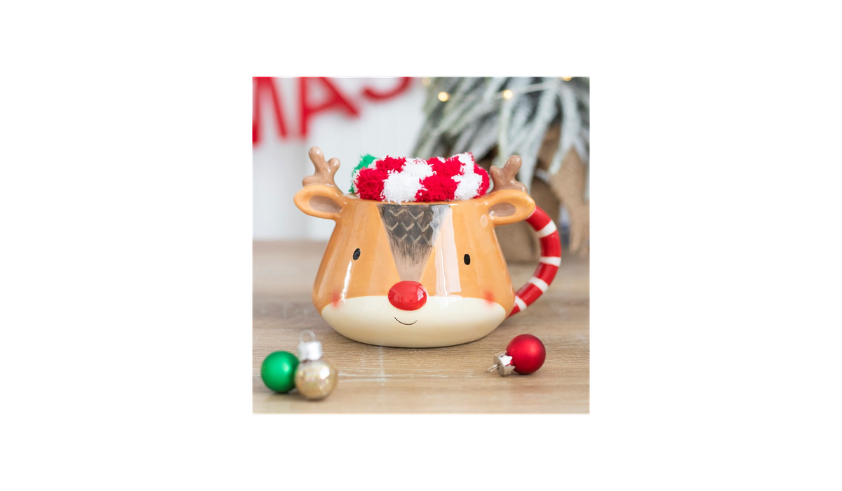 Reindeer Mug Gift Set | Ceramic Christmas Mug with Fluffy Socks | Festive Hot Chocolate Mug