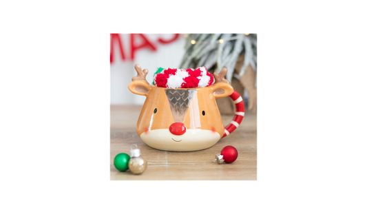 Reindeer Mug Gift Set | Ceramic Christmas Mug with Fluffy Socks | Festive Hot Chocolate Mug