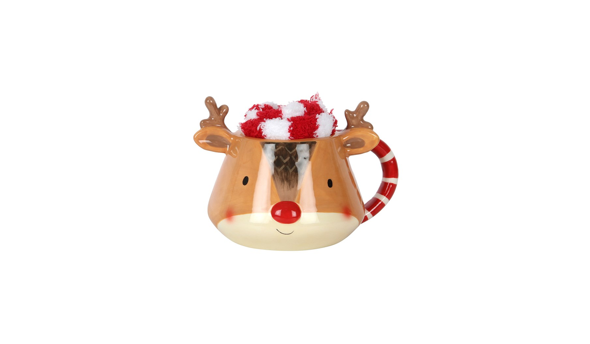 Reindeer Mug Gift Set | Ceramic Christmas Mug with Fluffy Socks | Festive Hot Chocolate Mug