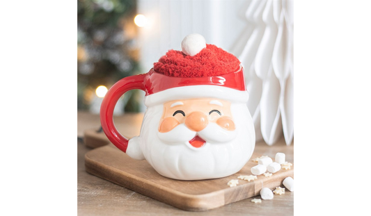 Santa Mug Gift Set | Ceramic Christmas Mug with Fluffy Socks | Festive Hot Chocolate Mug
