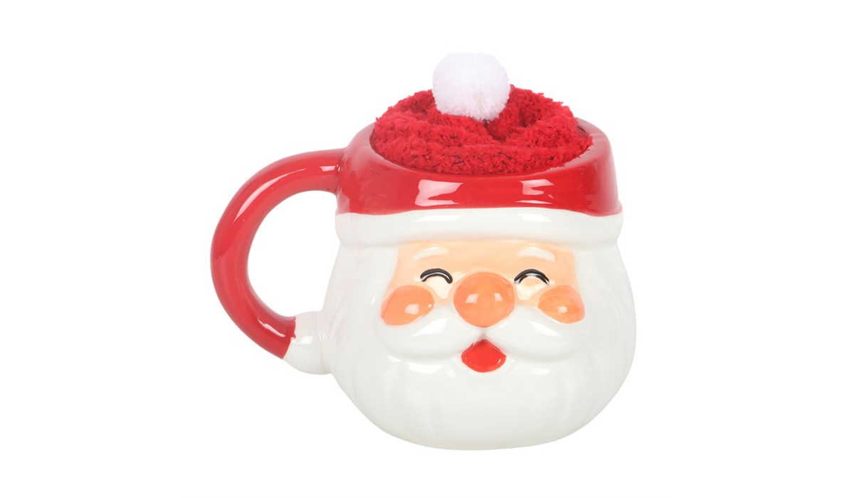 Santa Mug Gift Set | Ceramic Christmas Mug with Fluffy Socks | Festive Hot Chocolate Mug