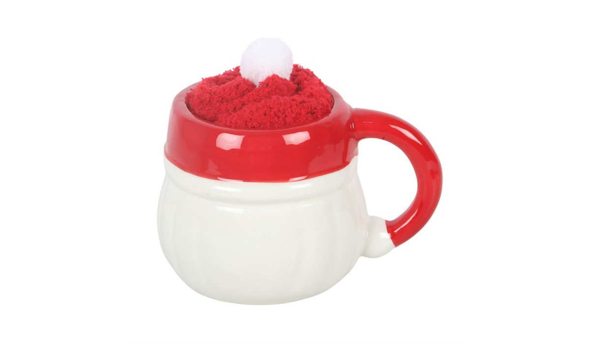 Santa Mug Gift Set | Ceramic Christmas Mug with Fluffy Socks | Festive Hot Chocolate Mug