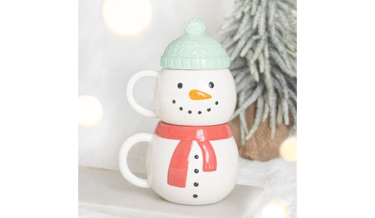 Set of 2 Snowman Stacking Mugs | Christmas Ceramic Mug Set | Festive Winter Coffee Cups