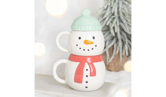 Set of 2 Snowman Stacking Mugs | Christmas Ceramic Mug Set | Festive Winter Coffee Cups